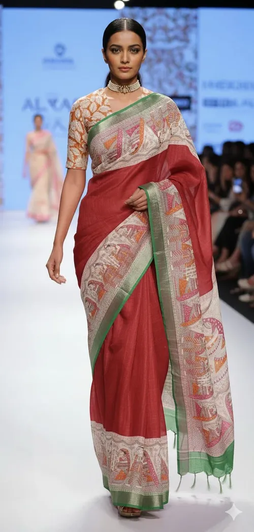 Soft Slub Cotton Madhubani Hand-Printed Saree with Striped Design & Jari Pallu